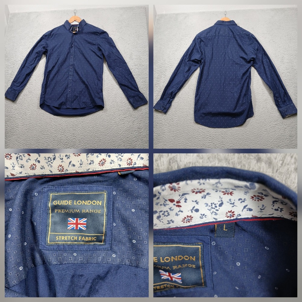 Guide‎ London Button Up Shirt Mens L Blue Micro Dot Stretch Long Sleeve